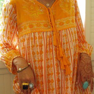 yellow block print Indian cotton prairie midi dres